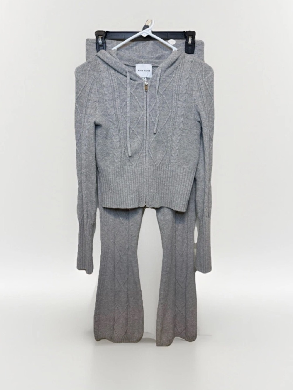 Pink Rose Light Gray Cable Knit Zip Hoodie